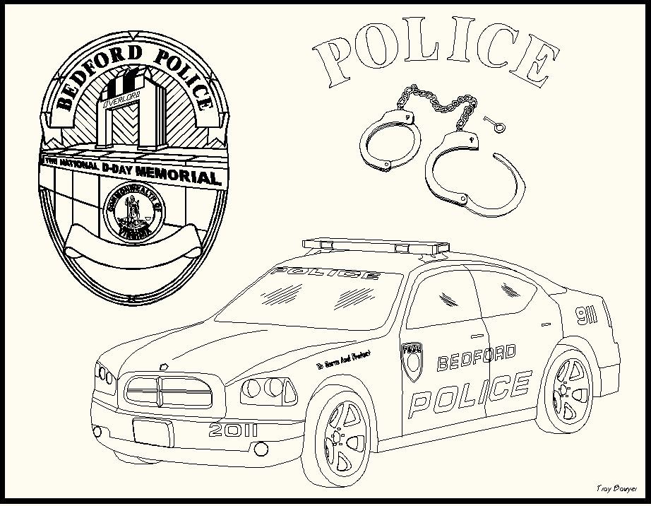 Coloring Page - Collage of Badge, Handcuffs, and Car